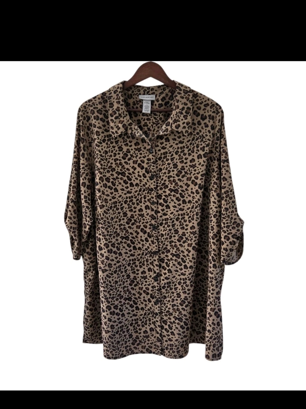 Catherines Leopard Animal Print Button Down Blouse Tunic Top SZ 1XWP 1X Petite